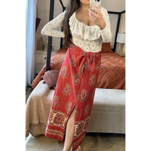 Vintage 90’s Liz Claiborne Size 12 100% Cotton Red Paisley Beaded Wrap Maxi - Picture 5 of 10